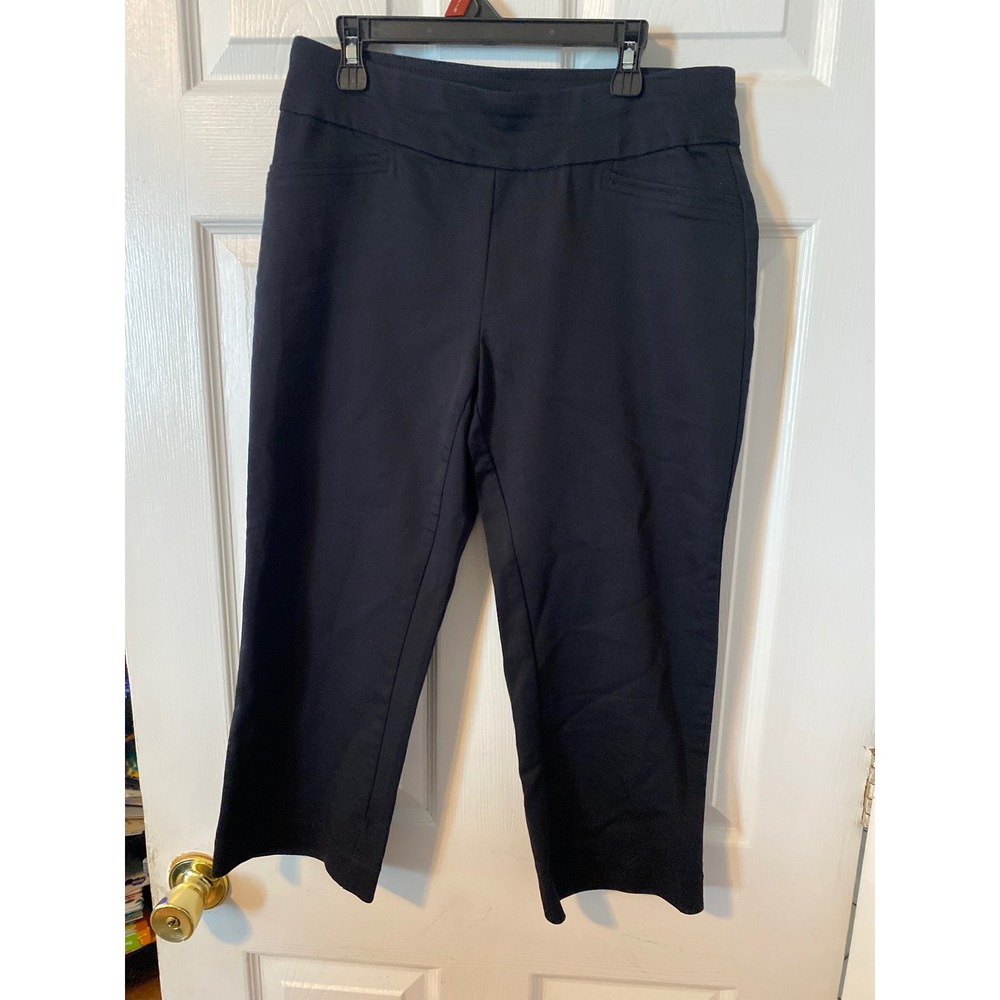 Black Pull On Cropped Pants Straight Leg Elastic Waist Trousers Womens Medium